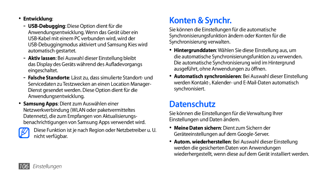 Samsung GT-S5830OKAVD2, GT-S5830OKZDBT, GT-S5830OKYXEG, GT-S5830OKADBT manual Konten & Synchr, Datenschutz, Entwicklung 