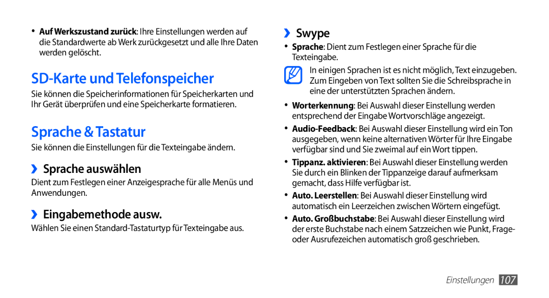 Samsung GT-S5830OKAATO manual SD-Karte und Telefonspeicher, Sprache & Tastatur, ››Sprache auswählen, ››Eingabemethode ausw 