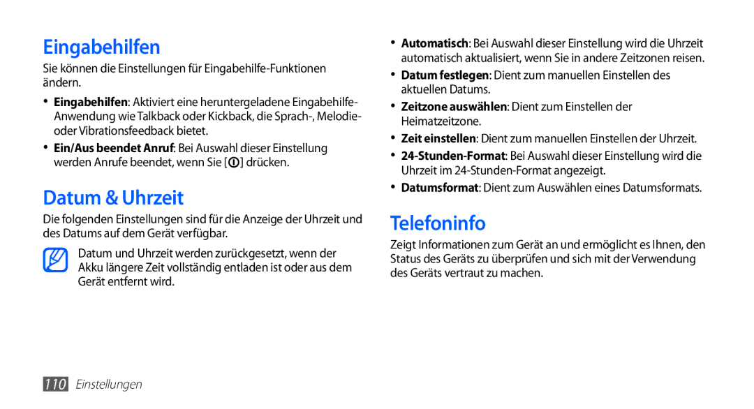 Samsung GT-S5830OKADBT, GT-S5830OKZDBT, GT-S5830OKYXEG, GT-S5830OKACOS manual Eingabehilfen, Datum & Uhrzeit, Telefoninfo 