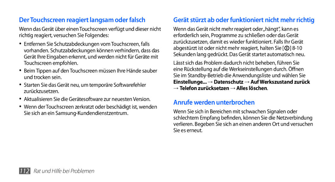 Samsung GT-S5830UWADBT manual Der Touchscreen reagiert langsam oder falsch, → Telefon zurücksetzen → Alles löschen 