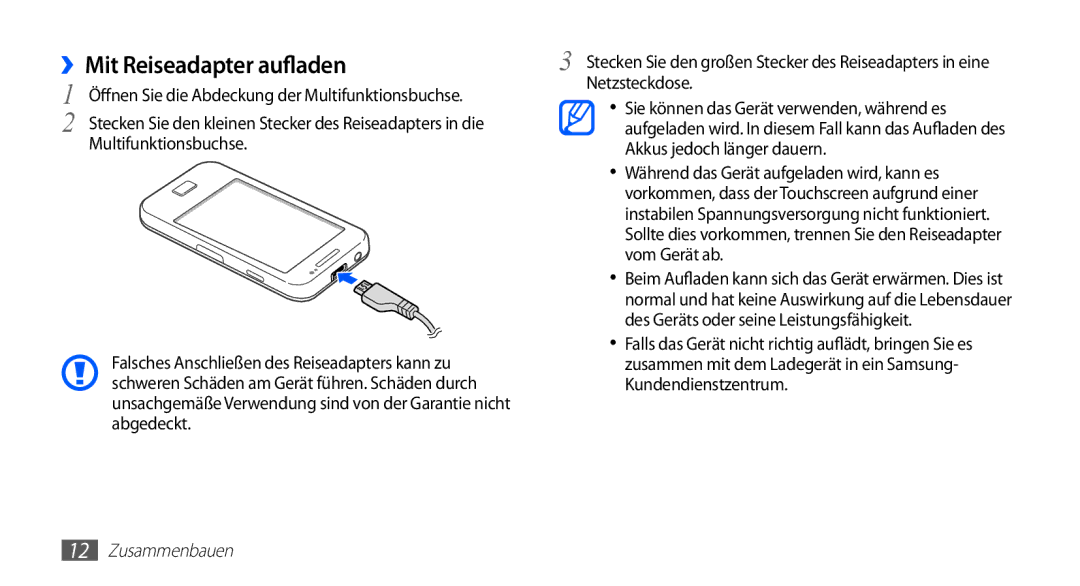 Samsung GT-S5830XKAATO, GT-S5830OKZDBT, GT-S5830OKYXEG, GT-S5830OKADBT, GT-S5830OKACOS manual ››Mit Reiseadapter aufladen 