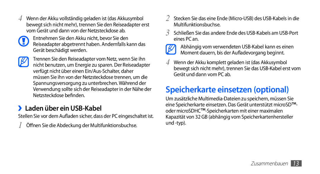 Samsung GT-S5830OKZDTM, GT-S5830OKZDBT, GT-S5830OKYXEG manual Speicherkarte einsetzen optional, ››Laden über ein USB-Kabel 