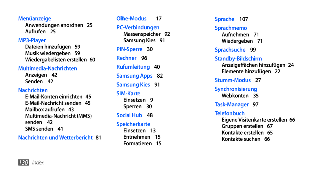 Samsung GT-S5830RWATUR, GT-S5830OKZDBT, GT-S5830OKYXEG, GT-S5830OKADBT manual SMS senden 41 Nachrichten und Wetterbericht  