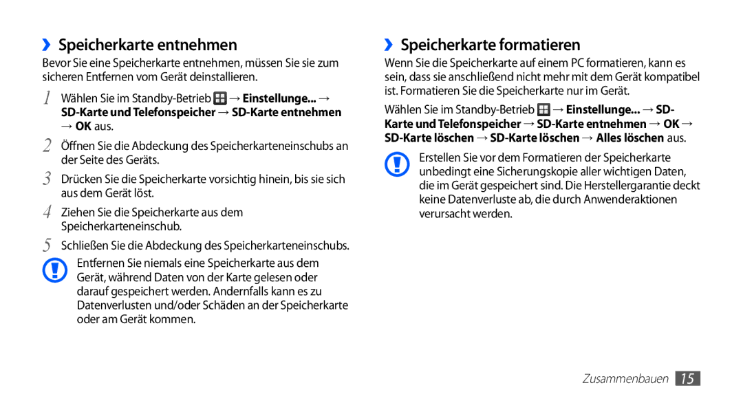 Samsung GT-S5830RWAVIT, GT-S5830OKZDBT, GT-S5830OKYXEG manual ››Speicherkarte entnehmen, ››Speicherkarte formatieren 