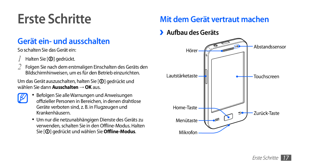 Samsung GT-S5830OKZVIA, GT-S5830OKZDBT, GT-S5830OKYXEG manual Erste Schritte, Gerät ein- und ausschalten, ››Aufbau des Geräts 