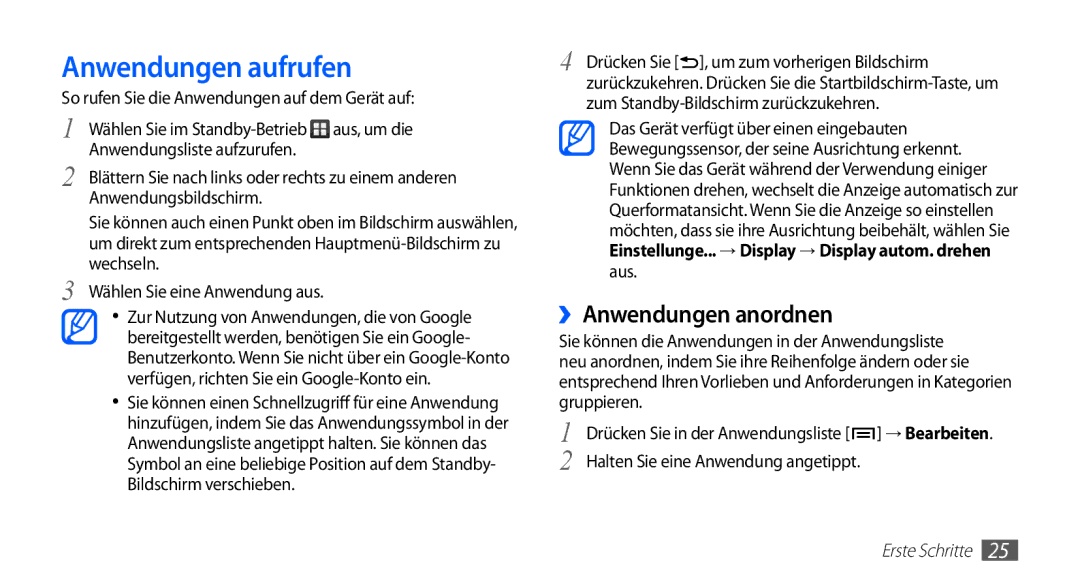 Samsung GT-S5830OKAVD2, GT-S5830OKZDBT, GT-S5830OKYXEG, GT-S5830OKADBT manual Anwendungen aufrufen, ››Anwendungen anordnen 