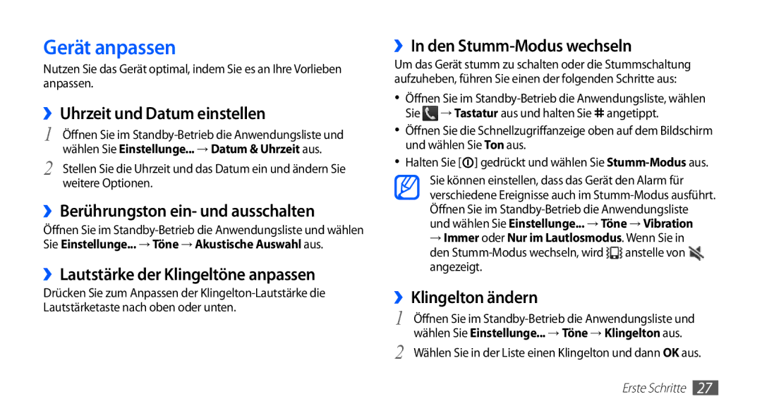 Samsung GT-S5830OKZDBT, GT-S5830OKYXEG, GT-S5830OKADBT, GT-S5830OKACOS, GT-S5830UWADBT, GT-S5830RWAEPL manual Gerät anpassen 