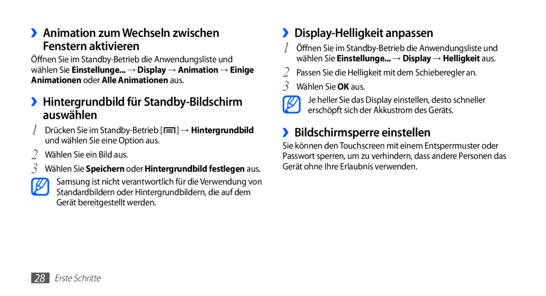 Samsung GT-S5830OKYXEG manual ››Animation zum Wechseln zwischen Fenstern aktivieren, ››Display-Helligkeit anpassen 