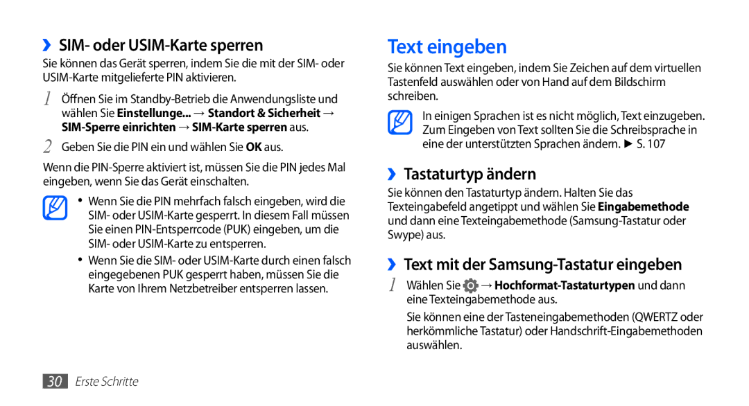 Samsung GT-S5830OKACOS, GT-S5830OKZDBT, GT-S5830OKYXEG Text eingeben, ››SIM- oder USIM-Karte sperren, ››Tastaturtyp ändern 