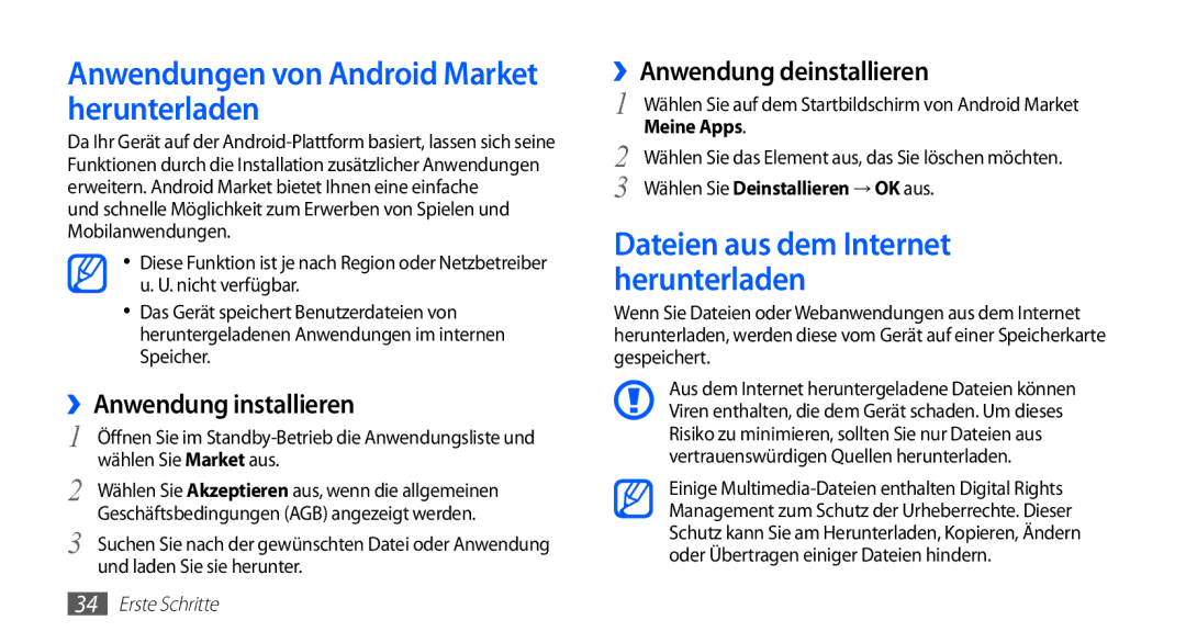 Samsung GT-S5830OKATUR Anwendungen von Android Market herunterladen, ››Anwendung installieren, ››Anwendung deinstallieren 