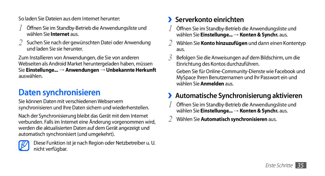 Samsung GT-S5830OKAXEO manual Daten synchronisieren, ››Serverkonto einrichten, ››Automatische Synchronisierung aktivieren 