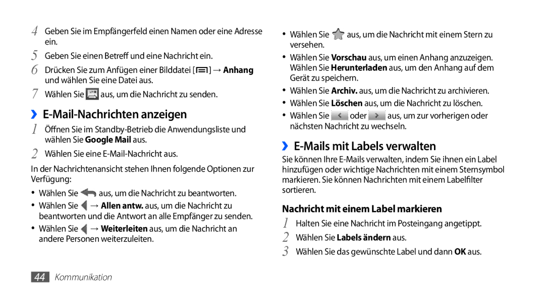 Samsung GT-S5830OKZVIA, GT-S5830OKZDBT, GT-S5830OKYXEG manual ››E-Mail-Nachrichten anzeigen, ››E-Mails mit Labels verwalten 