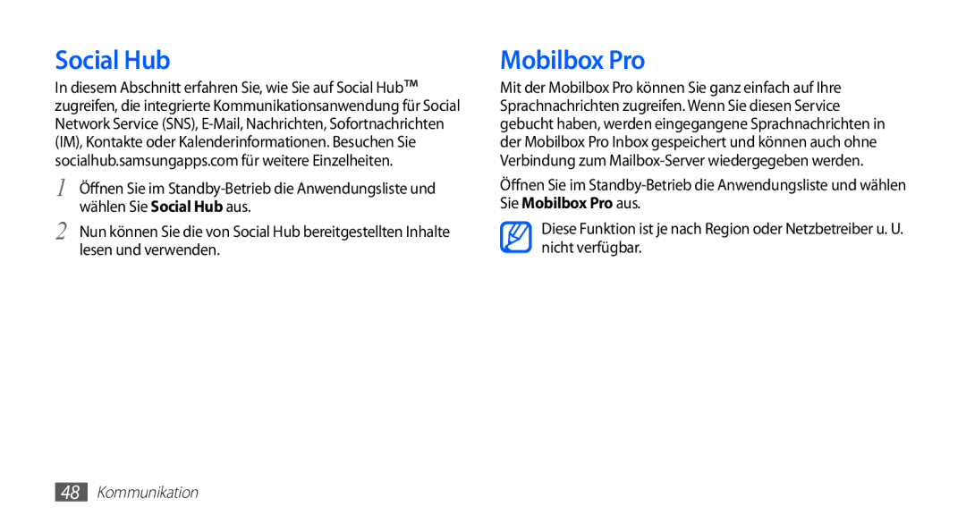 Samsung GT-S5830RWAVIA, GT-S5830OKZDBT, GT-S5830OKYXEG, GT-S5830OKADBT, GT-S5830OKACOS manual Social Hub, Mobilbox Pro 