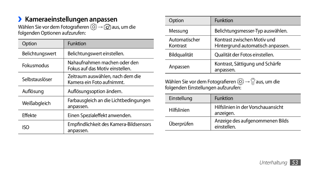 Samsung GT-S5830OKAATO, GT-S5830OKZDBT, GT-S5830OKYXEG, GT-S5830OKADBT, GT-S5830OKACOS manual ››Kameraeinstellungen anpassen 