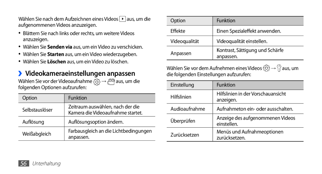 Samsung GT-S5830OKADBT manual ››Videokameraeinstellungen anpassen, Anpassen Kontrast, Sättigung und Schärfe, → aus, um 