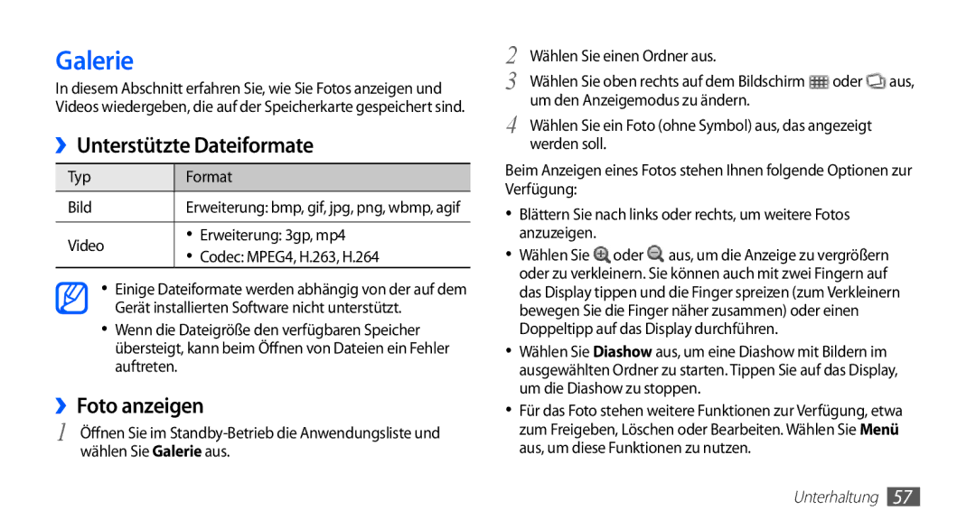 Samsung GT-S5830OKACOS, GT-S5830OKZDBT manual Galerie, ››Unterstützte Dateiformate, ››Foto anzeigen, Typ Format Bild 