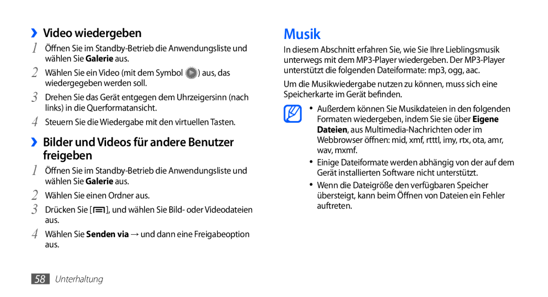 Samsung GT-S5830UWADBT, GT-S5830OKZDBT manual Musik, ››Video wiedergeben, ››Bilder und Videos für andere Benutzer freigeben 