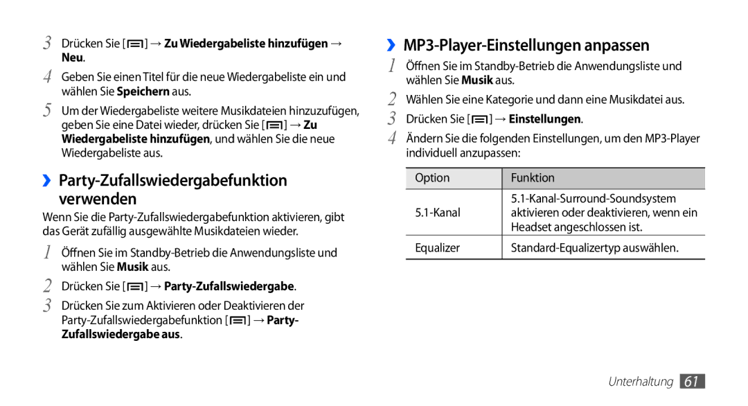 Samsung GT-S5830OKATUR manual ››MP3-Player-Einstellungen anpassen, Neu, Kanal, Headset angeschlossen ist, Equalizer 