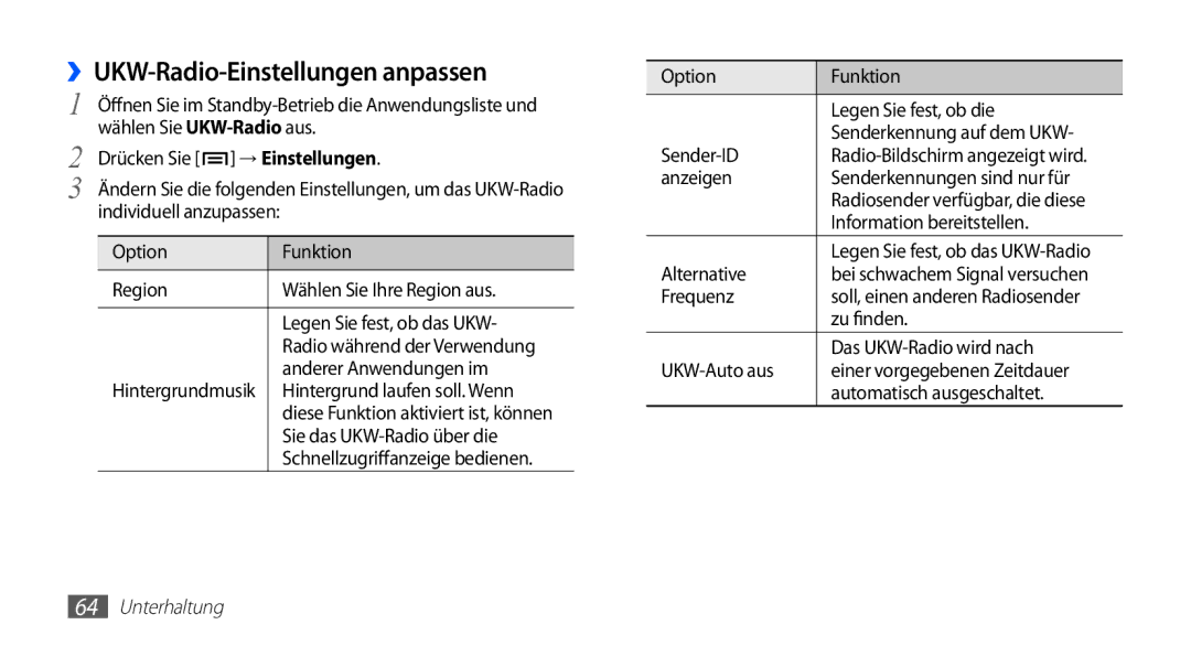 Samsung GT-S5830RWADBT, GT-S5830OKZDBT, GT-S5830OKYXEG, GT-S5830OKADBT, GT-S5830OKACOS ››UKW-Radio-Einstellungen anpassen 