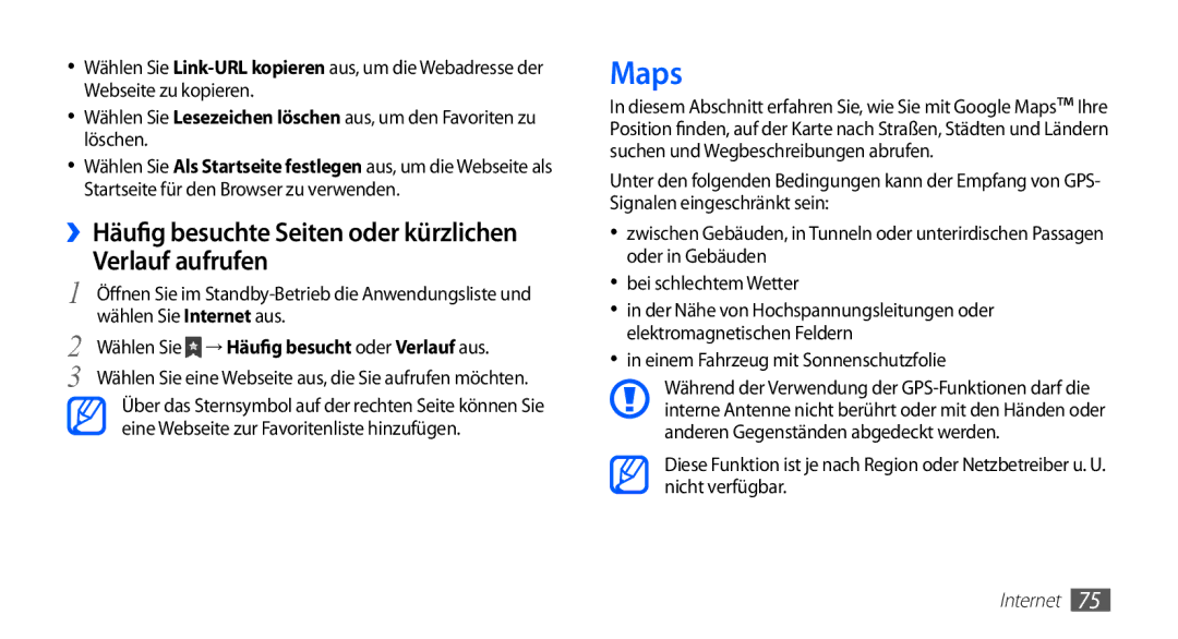 Samsung GT-S5830RWAVIA manual Maps, ››Häufig besuchte Seiten oder kürzlichen Verlauf aufrufen, Wählen Sie Internet aus 