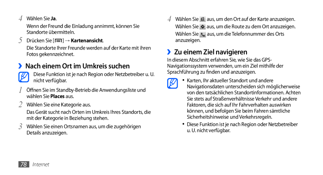 Samsung GT-S5830RWADTM, GT-S5830OKZDBT, GT-S5830OKYXEG manual ››Nach einem Ort im Umkreis suchen, ››Zu einem Ziel navigieren 