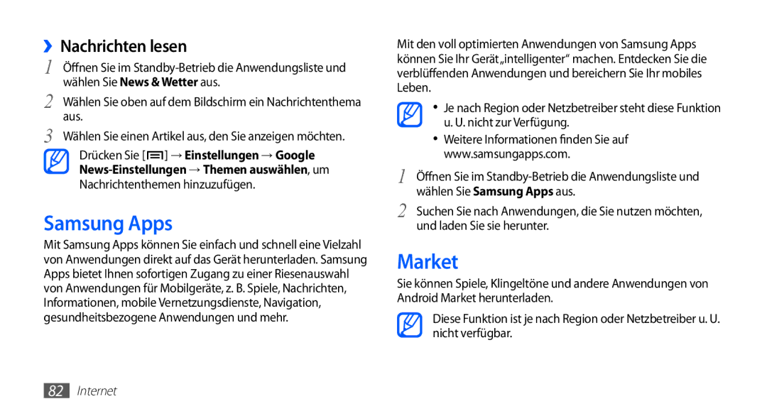 Samsung GT-S5830OKYXEG, GT-S5830OKZDBT, GT-S5830OKADBT, GT-S5830OKACOS manual Samsung Apps, Market, ››Nachrichten lesen 