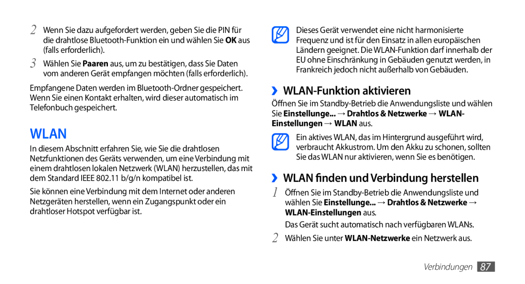 Samsung GT-S5830OKAVIA, GT-S5830OKZDBT, GT-S5830OKYXEG ››WLAN-Funktion aktivieren, ››WLAN finden und Verbindung herstellen 