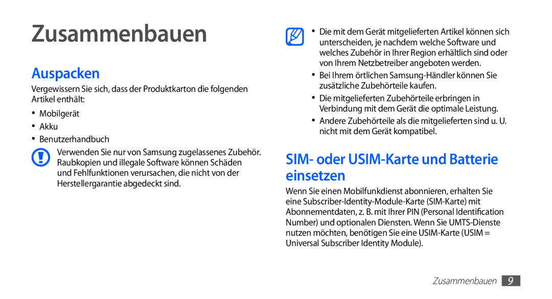 Samsung GT-S5830OKZEPL, GT-S5830OKZDBT manual Zusammenbauen, Auspacken, SIM- oder USIM-Karte und Batterie einsetzen 