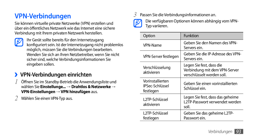 Samsung GT-S5830XKAATO, GT-S5830OKZDBT manual ››VPN-Verbindungen einrichten, VPN-Einstellungen → VPN hinzufügen aus 