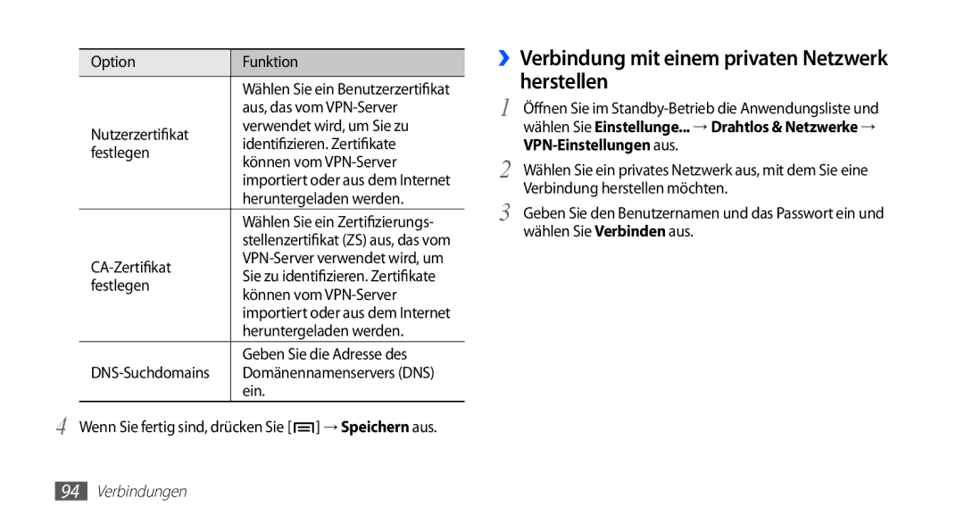 Samsung GT-S5830OKZDTM, GT-S5830OKZDBT, GT-S5830OKYXEG, GT-S5830OKADBT ››Verbindung mit einem privaten Netzwerk herstellen 