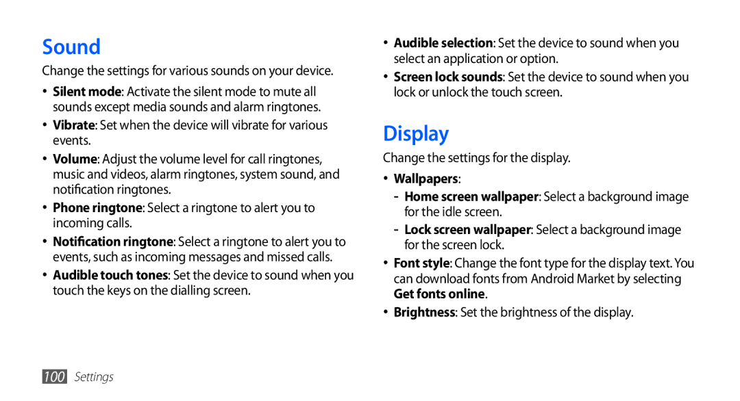 Samsung GT-S5830OKAVIT, GT-S5830OKZDBT manual Sound, Display, Vibrate Set when the device will vibrate for various events 