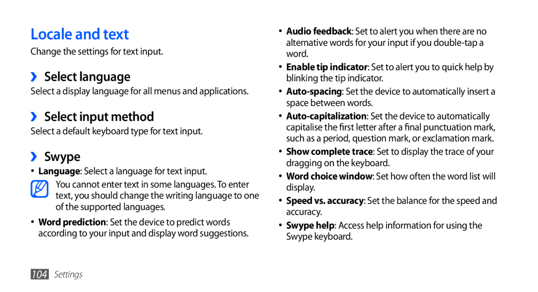 Samsung GT-S5830OKAEPL, GT-S5830OKZDBT manual Locale and text, ›› Select language, ›› Select input method, ›› Swype 