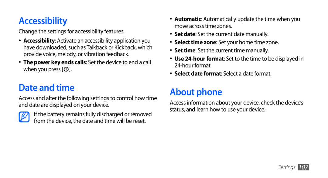 Samsung GT-S5830OKAATO manual Accessibility, Date and time, About phone, Change the settings for accessibility features 