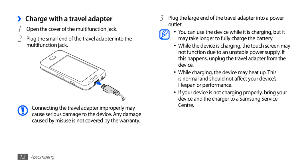 Samsung GT-S5830XKAATO, GT-S5830OKZDBT, GT-S5830OKYXEG, GT-S5830OKADBT manual ›› Charge with a travel adapter, Outlet 