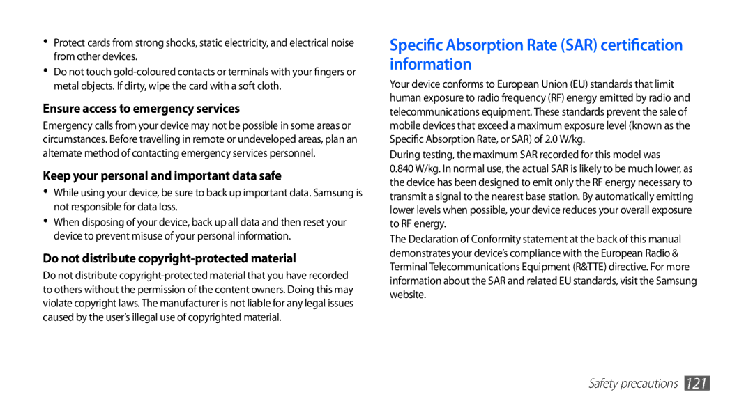 Samsung GT-S5830OKZDTM manual Specific Absorption Rate SAR certification information, Ensure access to emergency services 