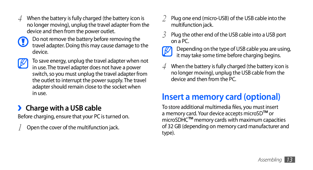 Samsung GT-S5830OKZDTM manual Insert a memory card optional, ›› Charge with a USB cable, Multifunction jack, On a PC 