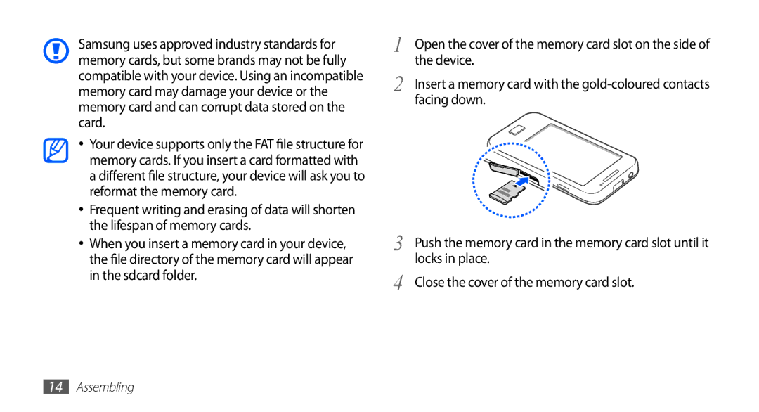 Samsung GT-S5830XKAMOB, GT-S5830OKZDBT manual Device, Facing down, Locks in place, Close the cover of the memory card slot 