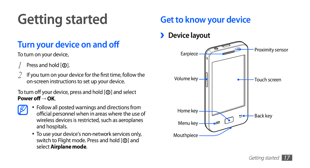 Samsung GT-S5830OKZVIA manual Getting started, Turn your device on and off, Get to know your device, ›› Device layout 