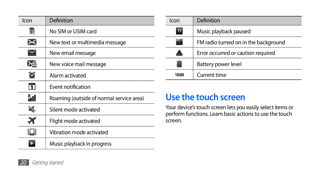 Samsung GT-S5830OKADTM, GT-S5830OKZDBT, GT-S5830OKYXEG, GT-S5830OKADBT, GT-S5830OKACOS, GT-S5830UWADBT Use the touch screen 