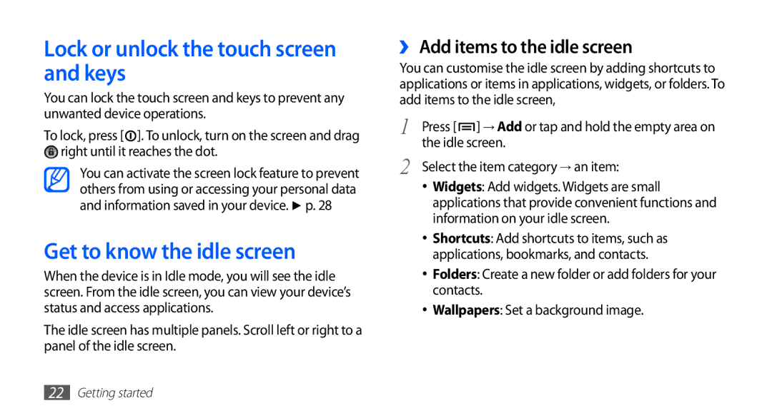 Samsung GT-S5830RWATUR, GT-S5830OKZDBT Lock or unlock the touch screen and keys, Get to know the idle screen, Idle screen 