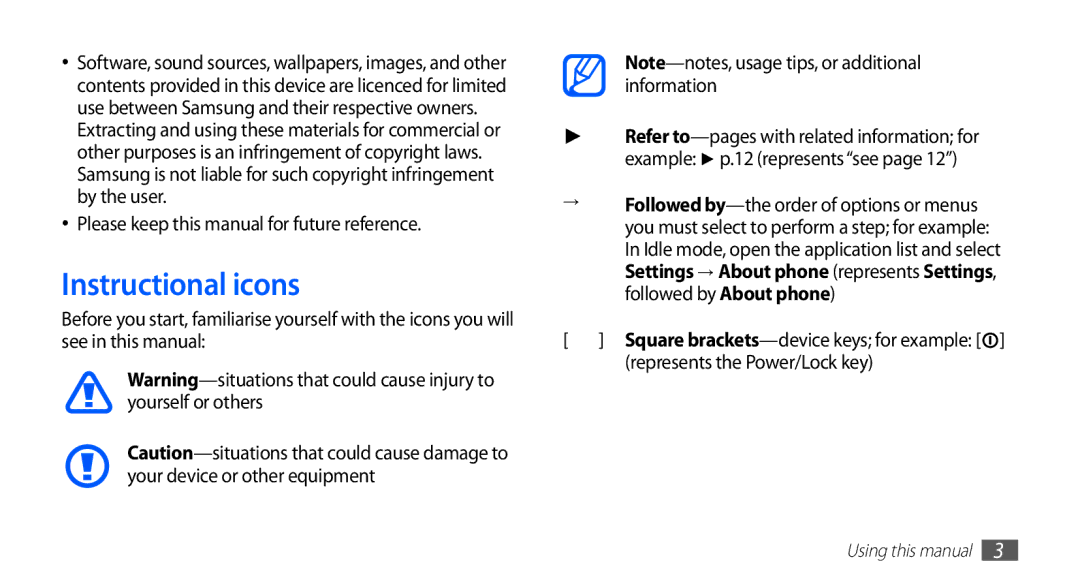 Samsung GT-S5830OKACOS, GT-S5830OKZDBT, GT-S5830OKYXEG Instructional icons, Please keep this manual for future reference 