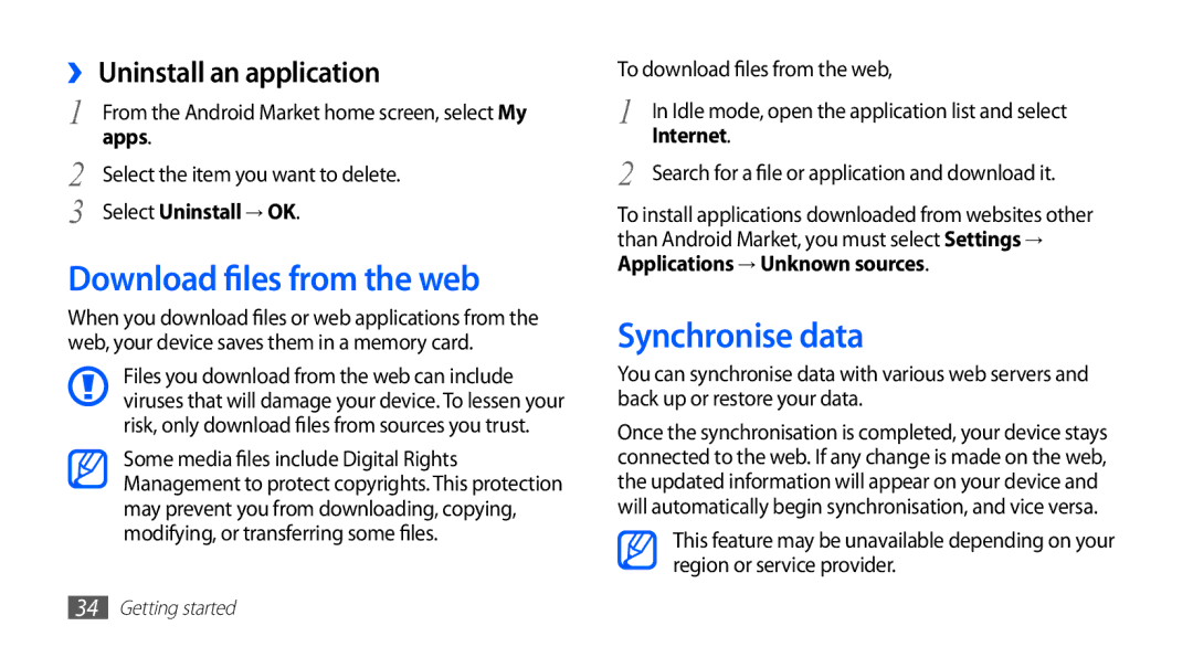 Samsung GT-S5830OKATUR, GT-S5830OKZDBT manual Download files from the web, Synchronise data, ›› Uninstall an application 