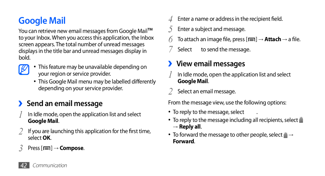Samsung GT-S5830RWAVIT, GT-S5830OKZDBT manual Google Mail, ›› Send an email message, ›› View email messages, → Reply all 