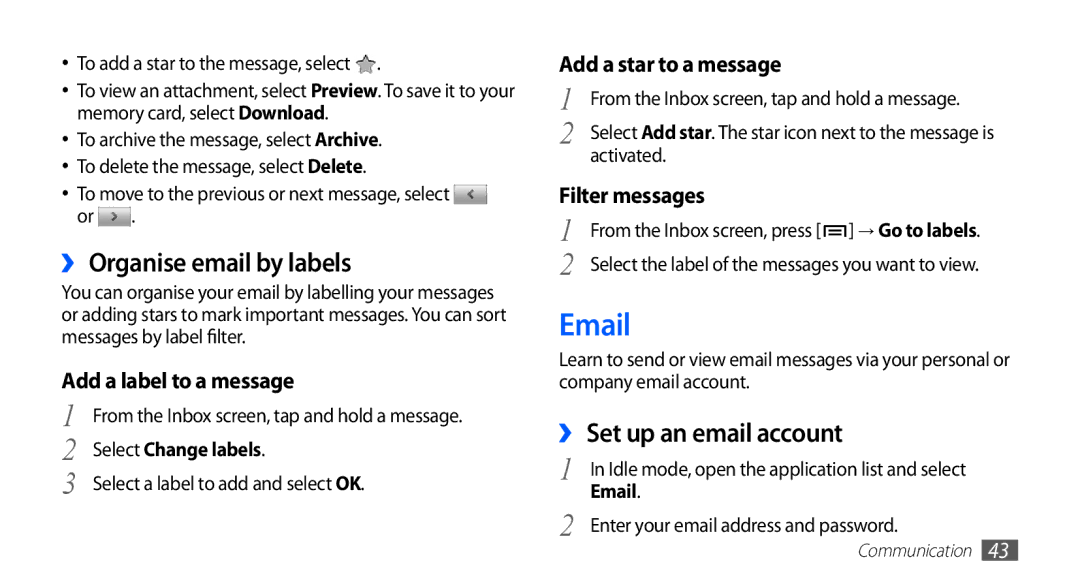 Samsung GT-S5830RWAATO, GT-S5830OKZDBT manual ›› Organise email by labels, ›› Set up an email account, Select Change labels 