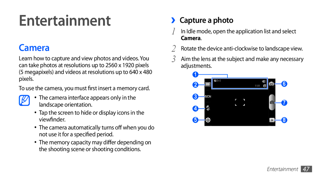 Samsung GT-S5830OKADTM, GT-S5830OKZDBT, GT-S5830OKYXEG, GT-S5830OKADBT manual Entertainment, Camera, ›› Capture a photo 