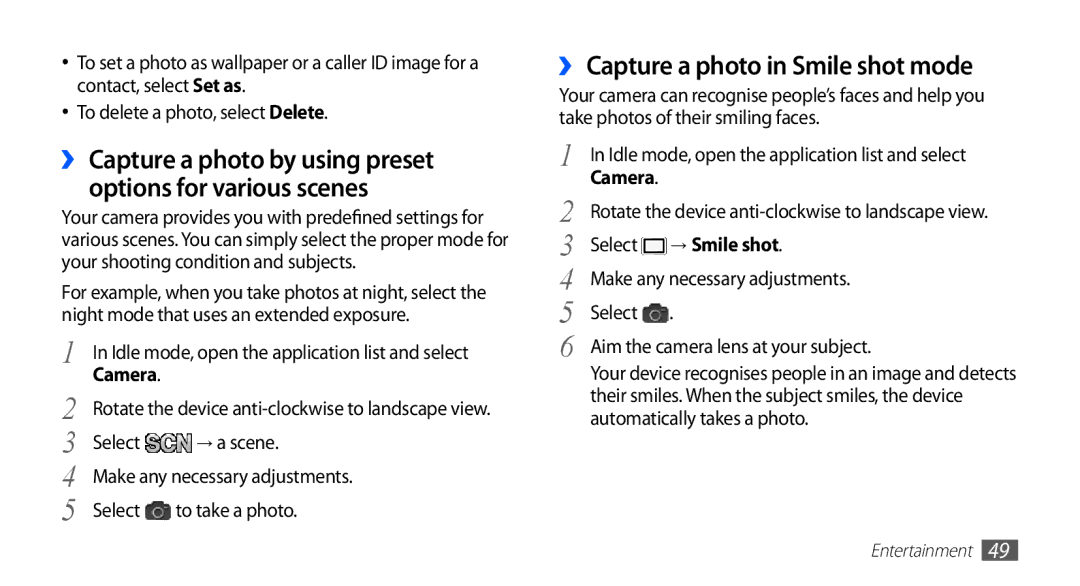 Samsung GT-S5830RWATUR, GT-S5830OKZDBT manual ›› Capture a photo in Smile shot mode, Camera, Make any necessary adjustments 