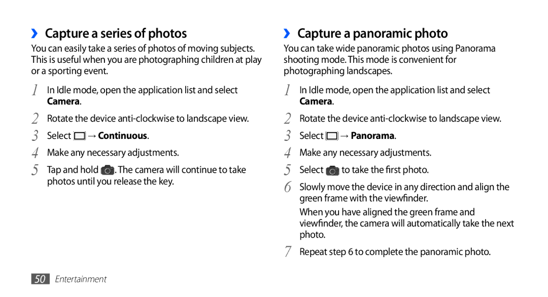 Samsung GT-S5830OKAEPL manual ›› Capture a series of photos, ›› Capture a panoramic photo, → Continuous, → Panorama 