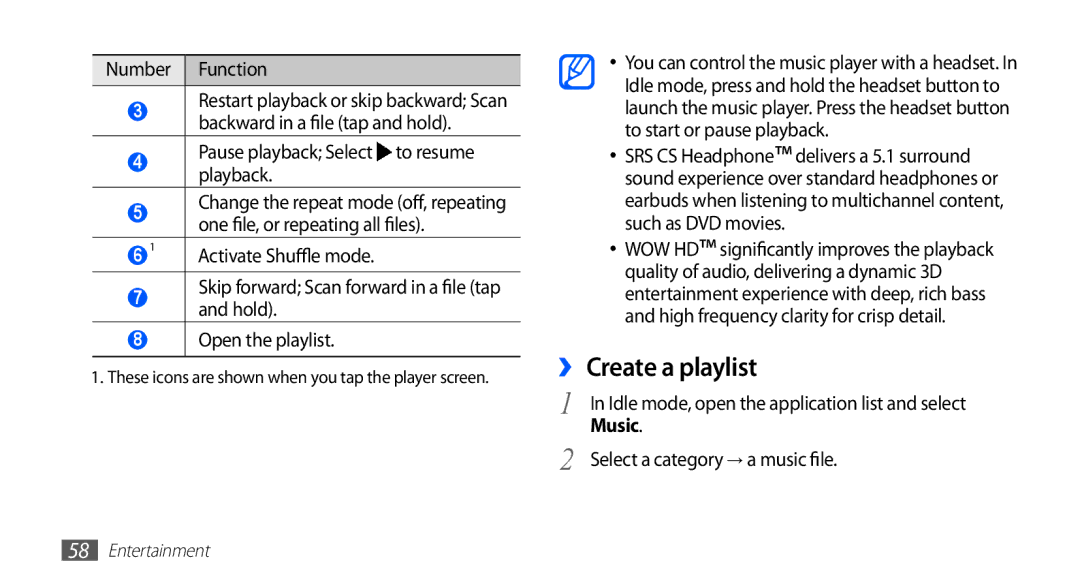 Samsung GT-S5830UWADBT ›› Create a playlist, Pause playback Select to resume playback, Select a category → a music file 