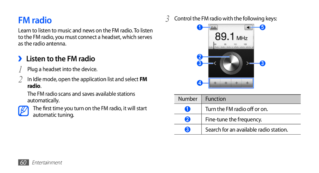 Samsung GT-S5830OKAVIA, GT-S5830OKZDBT, GT-S5830OKYXEG, GT-S5830OKADBT, GT-S5830OKACOS ››Listen to the FM radio, Radio 