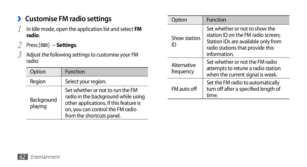 Samsung GT-S5830OKAXEO, GT-S5830OKZDBT, GT-S5830OKYXEG, GT-S5830OKADBT manual ›› Customise FM radio settings, → Settings 